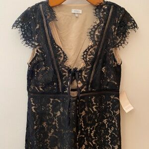 NWT Tobi Black Lace Nude Cap Sleeve Tie Front Dress